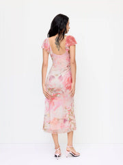 Mesh Sweetheart Floral Ruffle sleeve Mermaid Maxi Dress