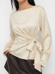 Satin Boat Neck Twist Knotted Blouse