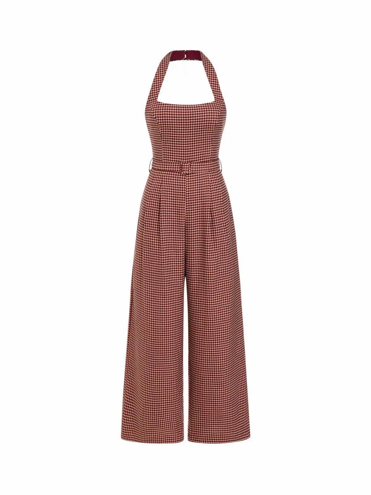 Halter Neckline Houndstooth Wide Leg Jumpsuit With Belt