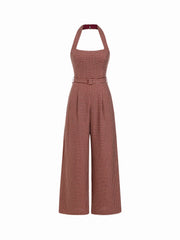 Halter Neckline Houndstooth Wide Leg Jumpsuit With Belt