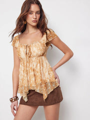 Mesh Square Neck Polka Dot Drawstring Hanky Hem Top