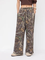 Cotton-blend Mid Rise Elastic Waist Floral Camo Wide Leg Trousers