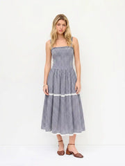 Cotton-blend Gingham Square Neck Ruched Lace Trim Flared Maxi Dress