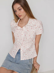 Cotton-blend Ditsy Floral Lace Trim Ruched Button Short Sleeve Blouse