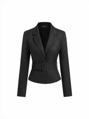 V-neck Solid Buckle Long Sleeve Cropped Blazer With Belt