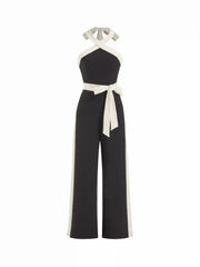 Two Tone Halter Neckline Wide Leg Jumpsuit With Belt
