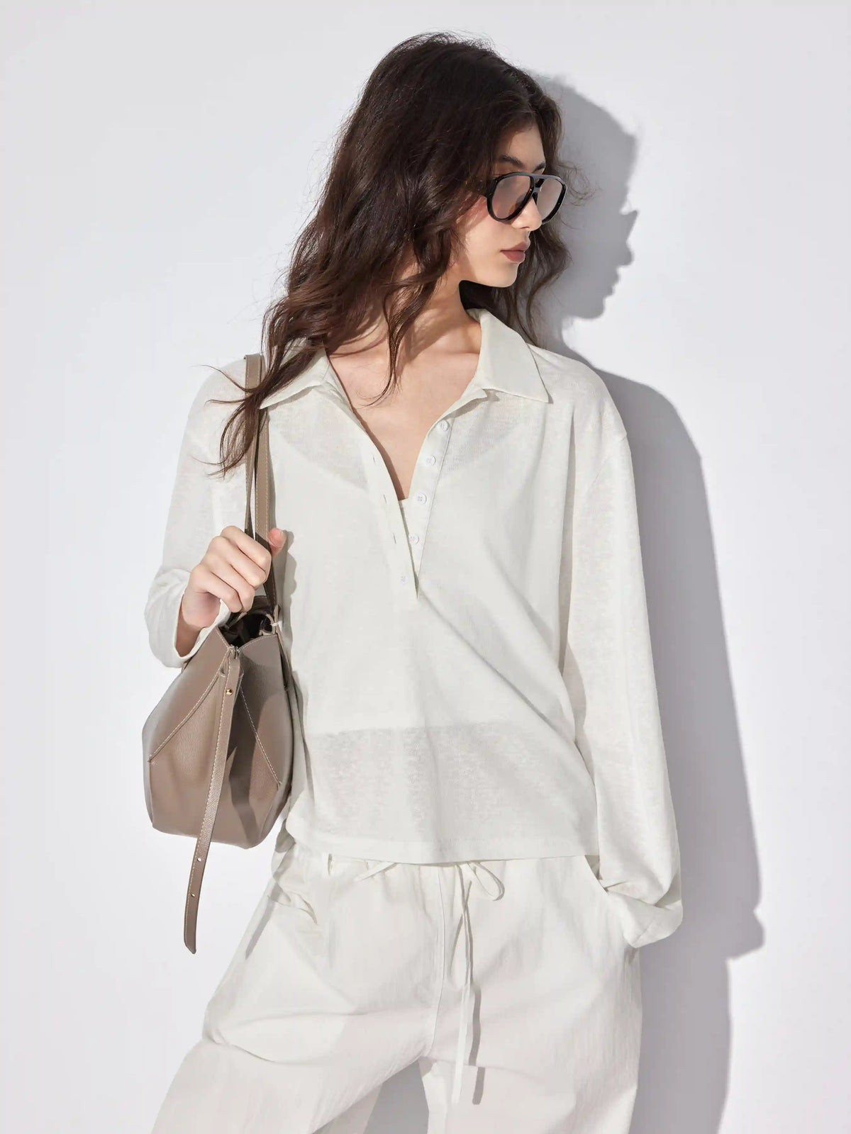 Textured Polo Neck Long Sleeve Oversized Top