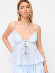 Sweetheart Neck Tie Front Bow Ruffled Cami Blouse