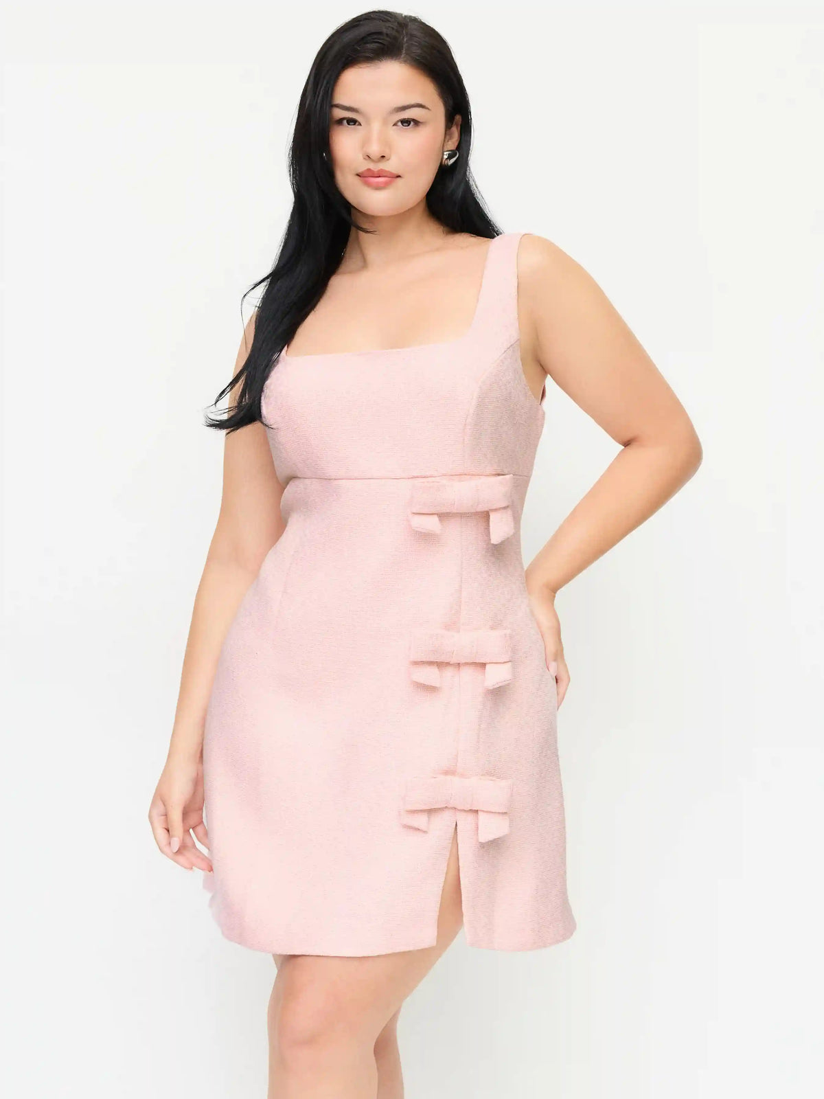 Tweed Square Neck Sleeveless Bowknot A-line Mini Dress Curve & Plus