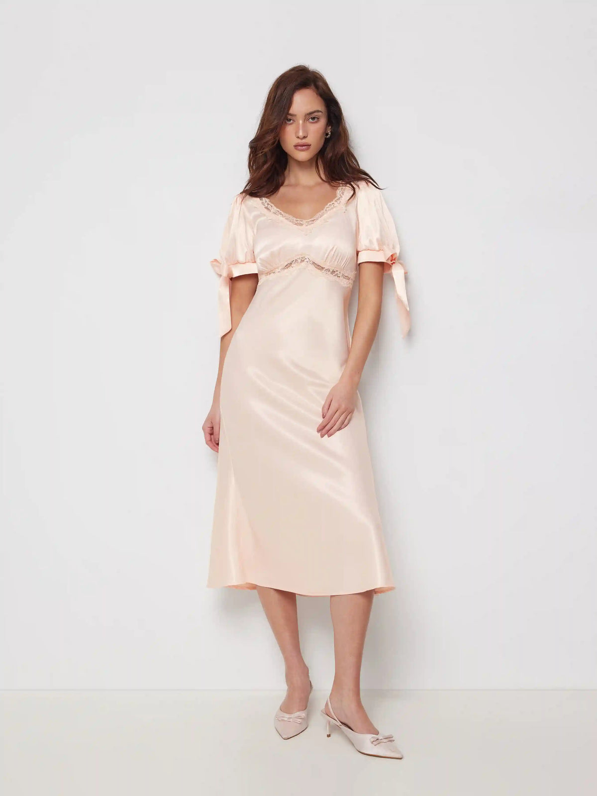 Satin V-neck Lace Trim Bowknot Lantern Sleeve Mermaid Maxi Dress