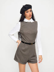 Boat Neck Houndstooth Romper With Belt