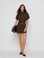 Stand Collar Short Sleeve Ruched A-line Mini Dress With Belt