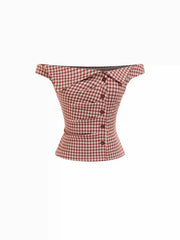 Jacquard Gingham Off-shoulder Asymmetrical Ruched Blouse