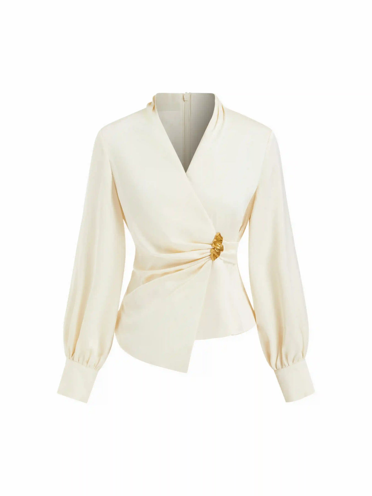 Satin V-neck Long Sleeve Wrap Ruched Metal Detail Blouse
