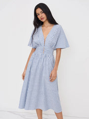 Cotton-blend V-neck Striped Ruched Button Maxi Dress