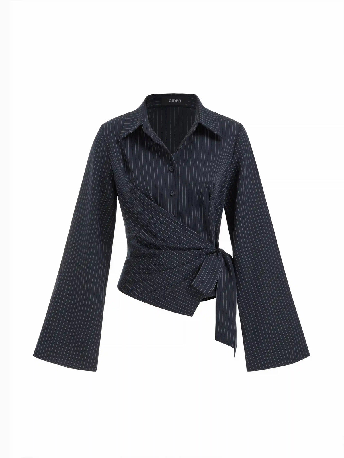 Collar Striped Wrap Side Knotted Bell Sleeve Blouse