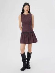 Cotton-blend Round Neck Plaid Studded A-line Mini Dress