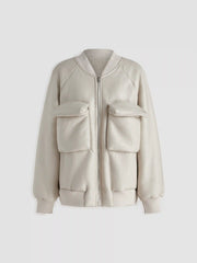 Fleece Stand Collar Solid Pocket Bomber Jacket