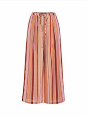 Striped Mid Rise Drawstring Wide Leg Trousers