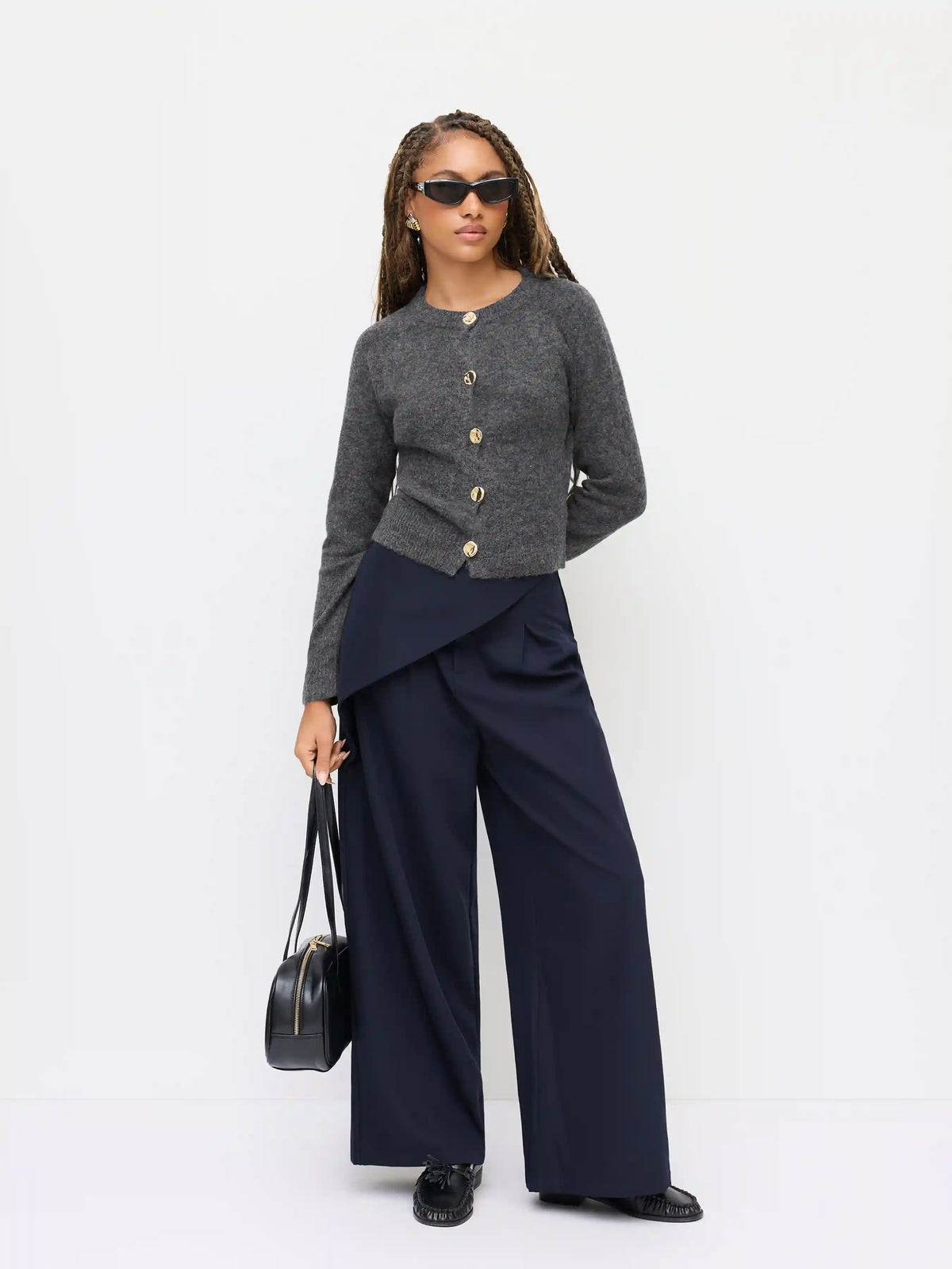Wrinkle-free Fabric Mid Rise Wrap Wide Leg Trousers