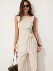 Linen-blend Boat Neck Wrap Tie Top & Mid Rise Capri Trousers Set