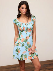Fruit Print Ruched Knotted Square Neckline A-line Mini Dress