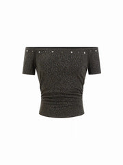 Cotton-blend Leopard Print Off-shoulder Crop Tee With Rhinestone Detail