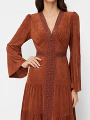 Suede V-neck Lace Trim Ruched Tiered Flare Sleeve Maxi Dress