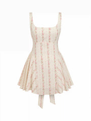 Cotton Floral Square Neck Bowknot A-line Mini Dress