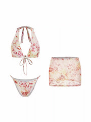 Halter Neckline Tie Dye Bead Detail Bikini Set With Wrap Skirt