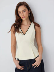 Linen-blend V-neck Contrasting Binding Peplum Top