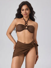 Halter O-Ring Linked Bikini Set With Sarong