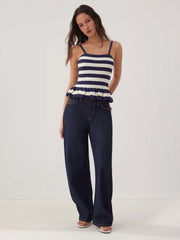 Knit Striped Square Neckline Peplum Hem Cami Top