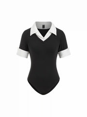 Cotton Collar V-Neck Short Sleeve Two Tone Bodysuit