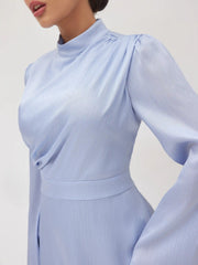 Stand Collar Ruched Ruffle Lace Up Maxi Dress