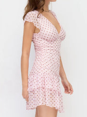 Mesh Polka Dot V-neck Ruched Tiered Short Sleeve Mini Dress