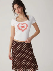 Cotton-blend Square Neck Animal Graphic Lace Trim Short Sleeve Tee