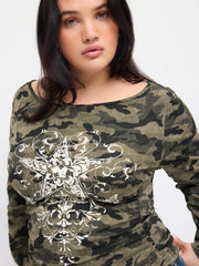 Camo Graphic Boat Neck Ruched Tee Curve & Plus