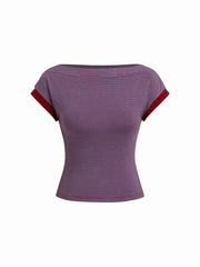 Boat Neck Stripe Contrasting Binding Short Sleeve Tee