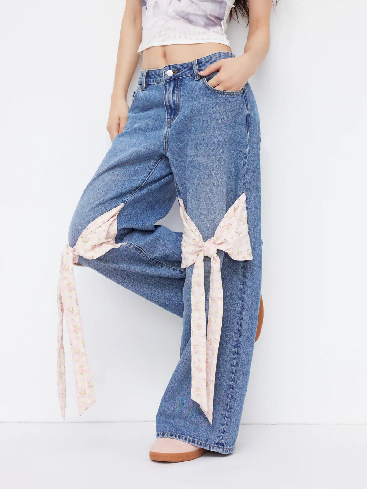 Cider Denim Low Rise Ditsy Floral Bowknot Wide Leg Jeans