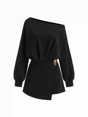 Cotton-blend Asymmetrical Neck Metal Detail Sweatshirt Mini Dress