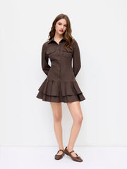 Striped Collar Long Sleeve Button Lace Up Layered Mini Dress