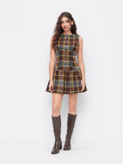 Round Neckline Tartan Ruffle Mini Babydoll Dress