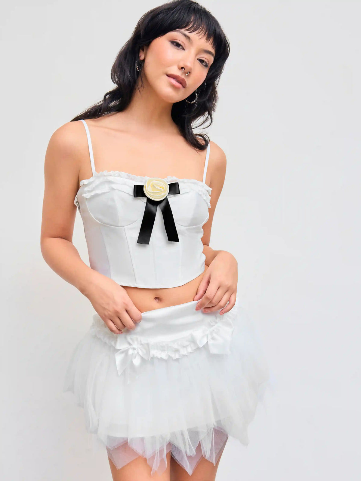 Sweetheart Lettuce Trim Bowknot Zipper Crop Cami Top