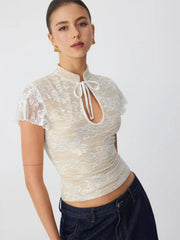 Lace Mandarin Collar Lace Short Sleeve Top