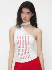 Asymmetrical Neckline AMOUR Graphic Top With Scarf
