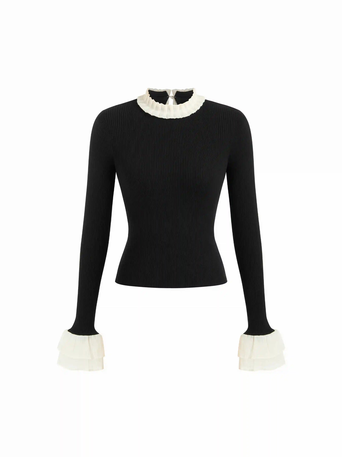 Knit Stand Collar Long Sleeve Colorblock Ruffle Trim Top