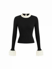 Knit Stand Collar Long Sleeve Colorblock Ruffle Trim Top