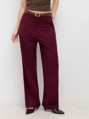 Corduroy Mid Rise Belted Straight Leg Pants