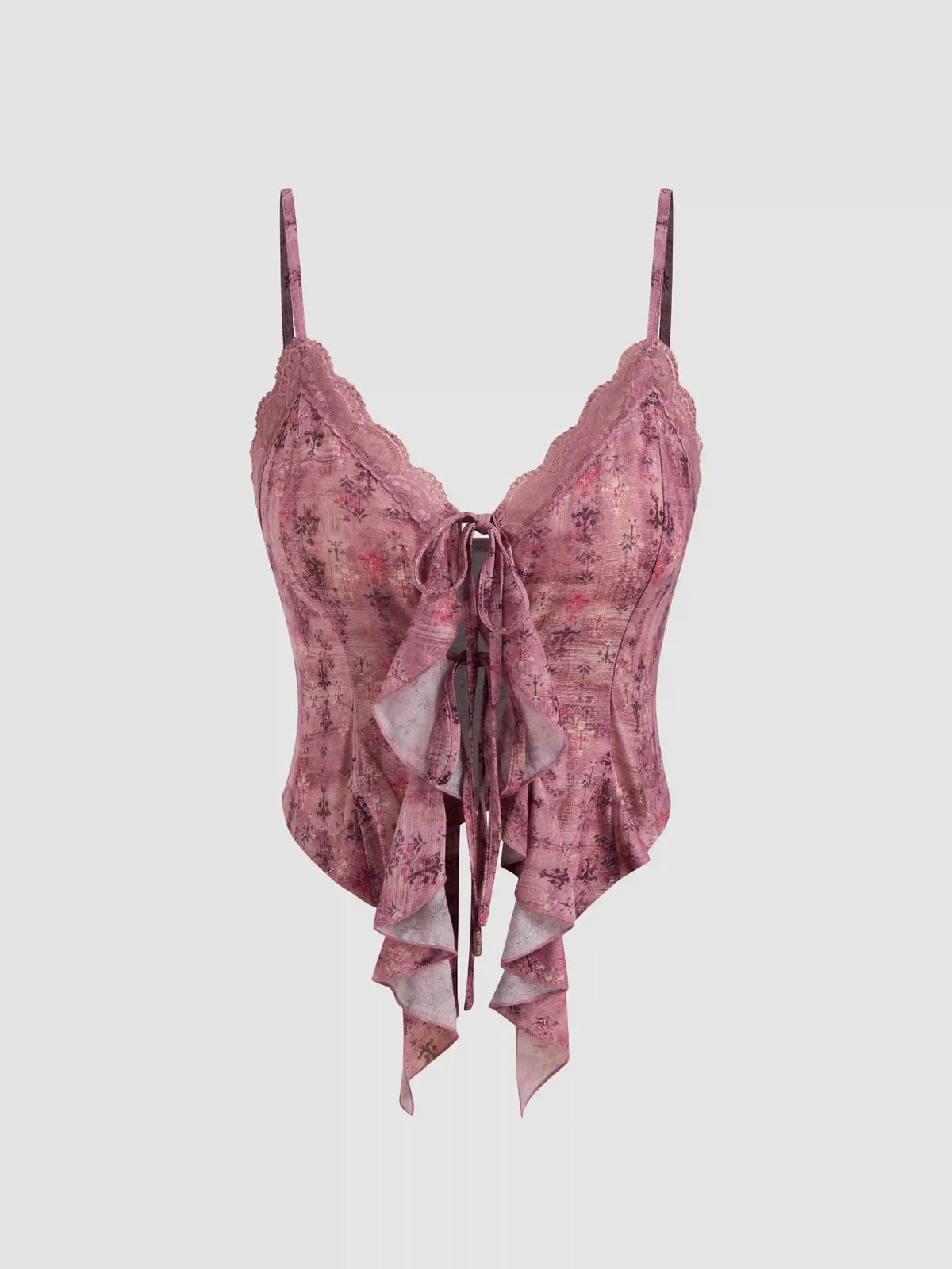 V-neck Floral Tie Front Bow Lace Ruffle Hem Crop Cami Top